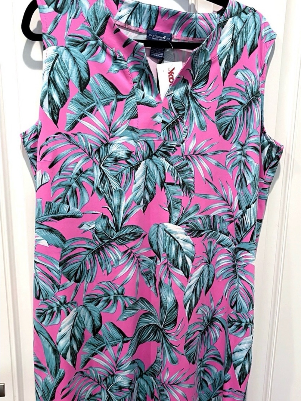 NWT Caribbean Joe Tropical Palm sprint Sleeveless Dress XL (14) Pink/Green